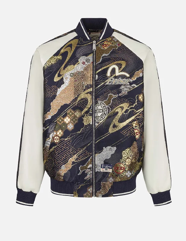 Denim Jackets For Men-Kamon Brocade Appliqué Regular Fit Souvenior Jacket