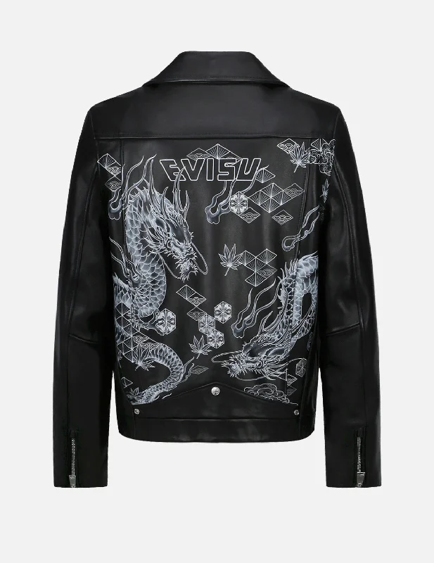 Jackets With Customizable Sleeves-Dragon Print Leather Biker Jacket