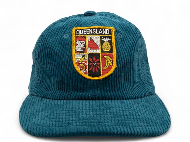 Hats For Gift Orders-Parliament Queensland Vintage Patch - Cord Hat (Queensland Crest Pineapple Banana) Teal