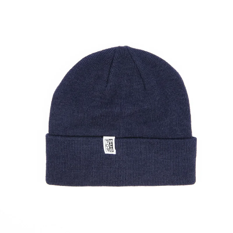 Hats For Windy Days-Knit Hat Logo Tag Tight Knit Navy