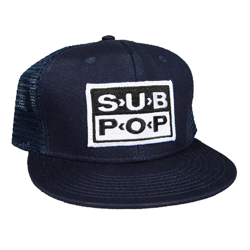 Hats With Knit Fabric-Trucker Hat w/Logo Patch Navy Snapback