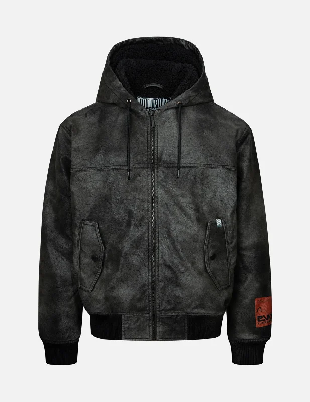 Custom Jacket Designs For Groups-Hooded Grain Pattern Regular Fit Leather Bomber Jacket