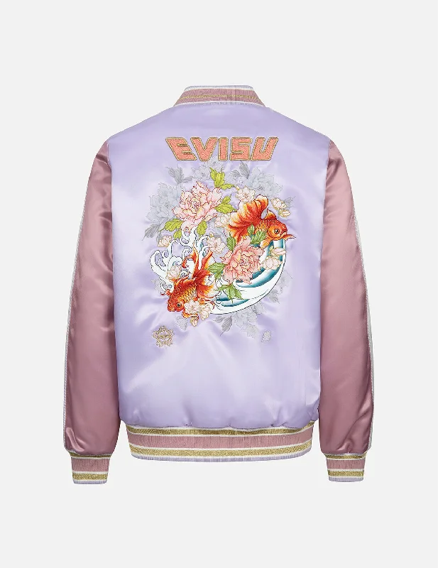 Jackets For Extreme Weather-Goldfish and Floral Flow Embroidery Color-blocking Loose Fit Souvenir Jacket