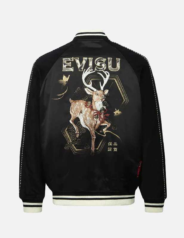 Jackets For Men-Deer and Logo Embroidery Loose Fit Souvenir Jacket