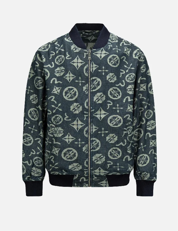 Custom Jackets With Logo-Allover Brand Elements Jacquard Denim Bomber Jacket