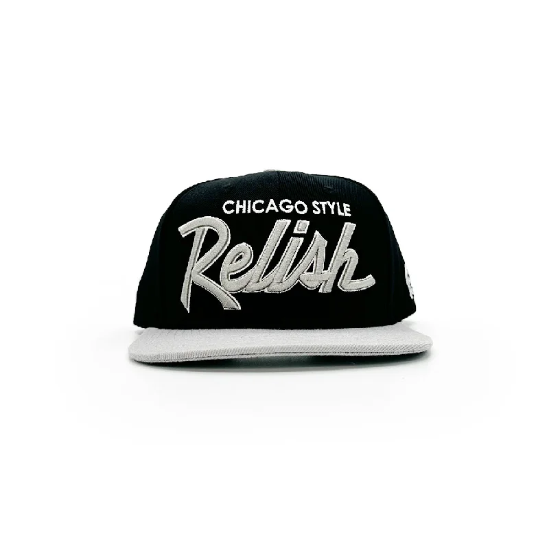 Adjustable Snapback Hats-Relish Vintage Sports Script - Black and Gray