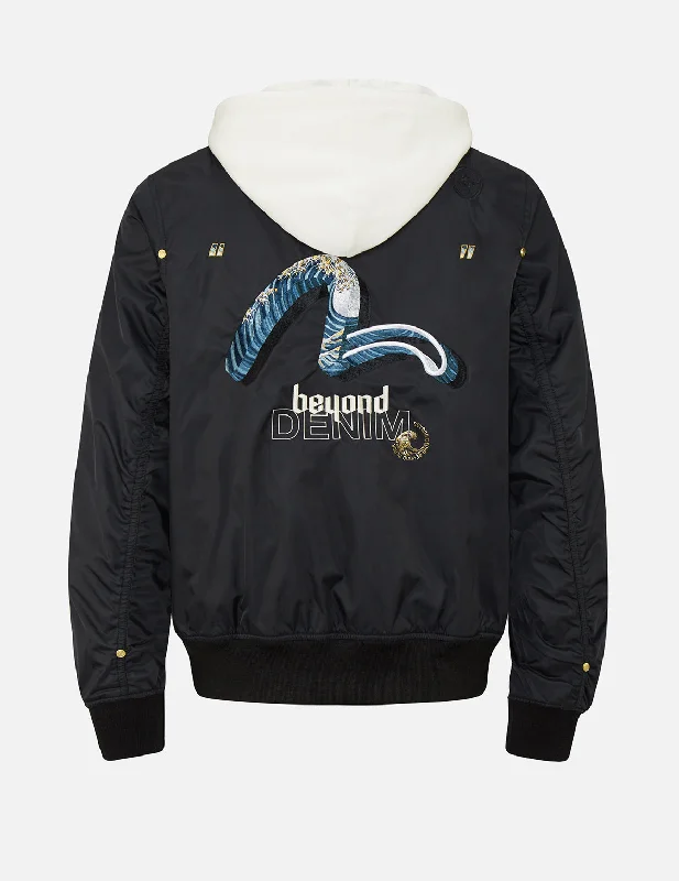 Jackets For School Events-3D Ukiyo-E Infused Seagull Embroidered Mock 2-in-1 Bomber Jacket