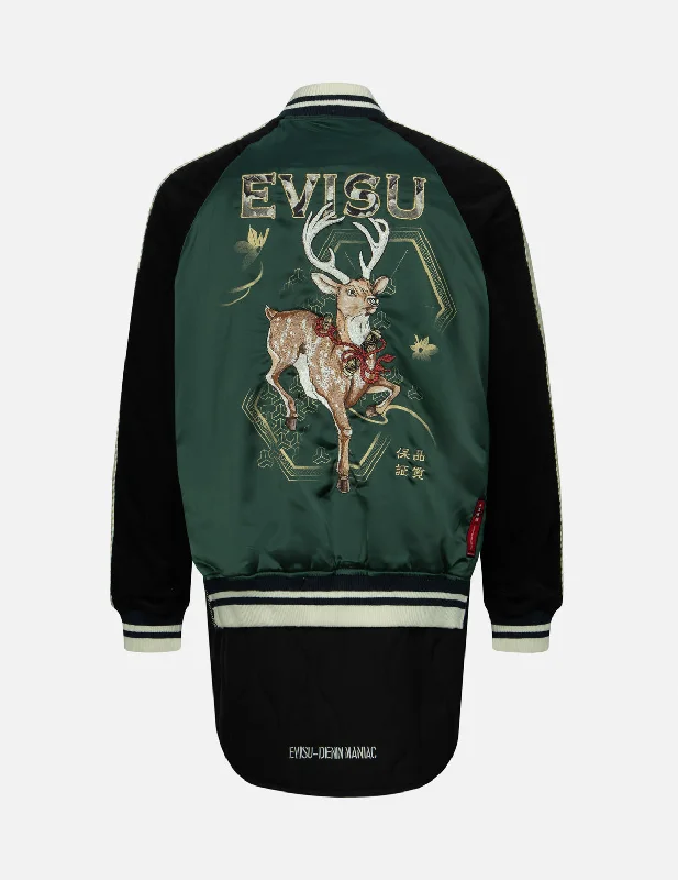 Jackets With Waterproof Coating-Rhinestone Patchwork Deer and Logo Embroidery Loose Fit Souvenir Jacket.