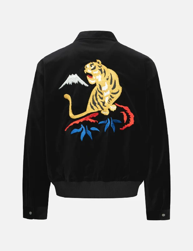 Jackets For Company Custom Orders-Tiger and Logo Embroidery Oversized Velvet Bomber Jacket