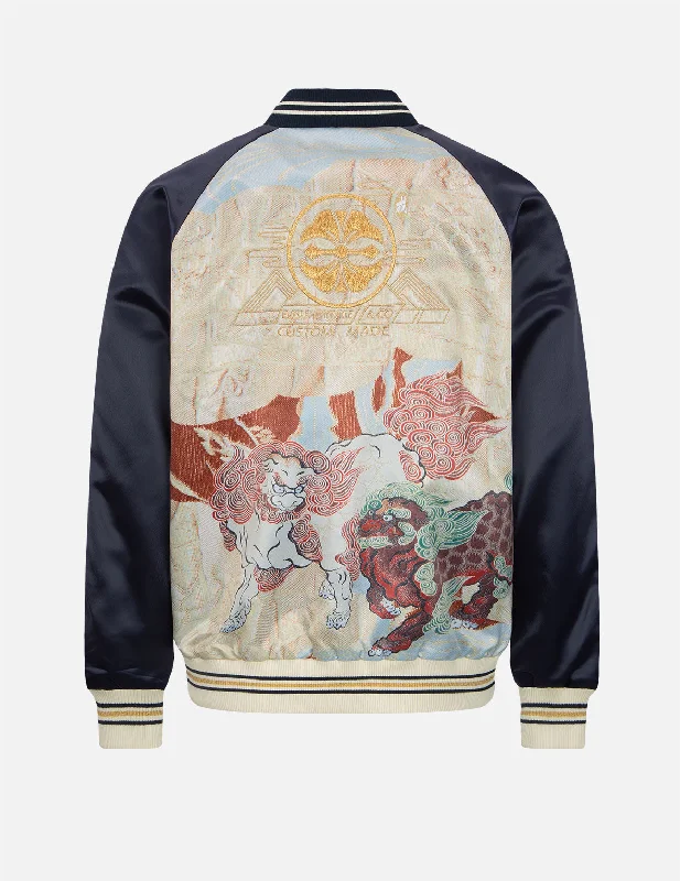 Jackets With Detachable Hoods-Komainu Brocade Pattern Print Souvenir Jacket