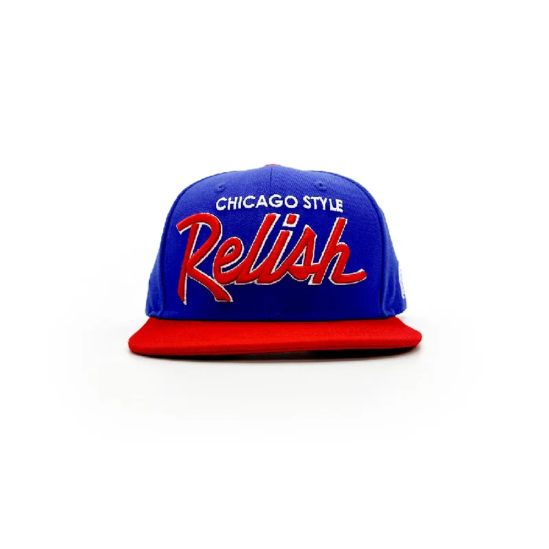 Adjustable Baseball Caps-Relish Vintage Sports Script - Blue and Red