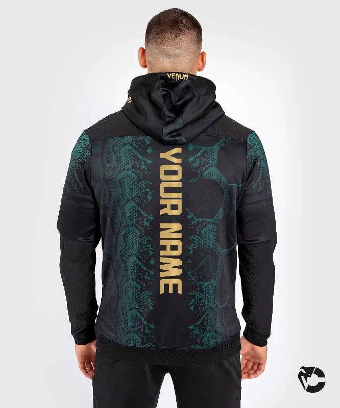 Jackets For Travel Customization-UFC Adrenaline by Venum Personalized Authentic Fight Night Men’s Walkout Hoodie - Emerald Edition - Green/Black/Gold