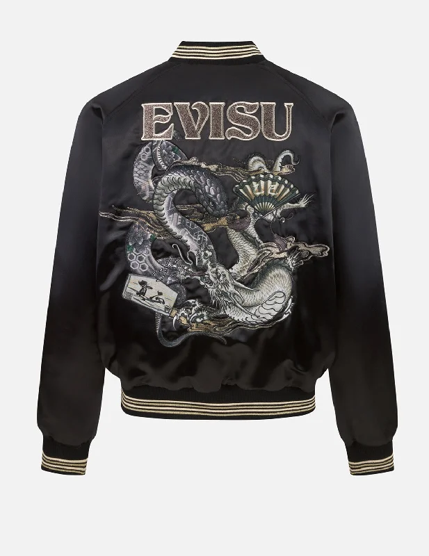 Denim Jackets For Women-Soaring Snake Embroidery and Traditional Japanese Totem Prints Reversible Relax Fit Souvenir Jacket - Black